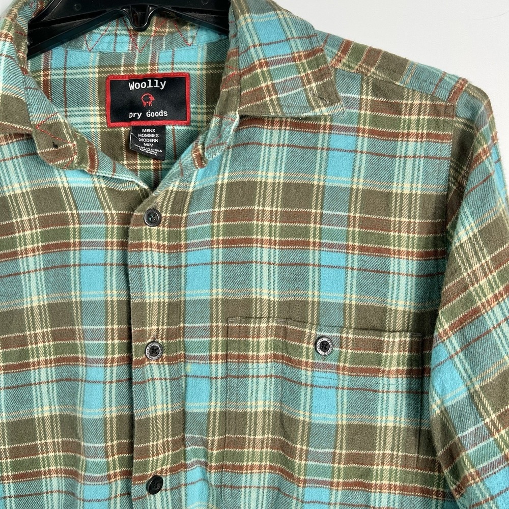 Woolly Dry Goods Vintage Plaid Flannel Shirt Turquoise Olive Tan‎ Mens Size M